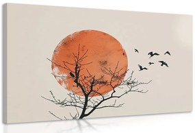 Quadro su tela – Japandi luna con stormo di uccelli