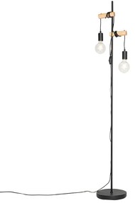 Lampada da terra rustica nera con legno 2 luci - Dami