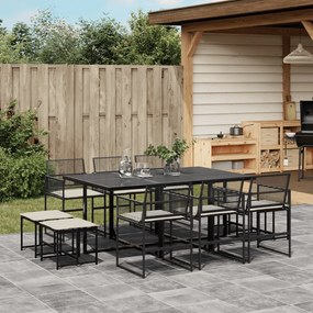 Set da pranzo da giardino 11 pz con cuscini in polyrattan nero