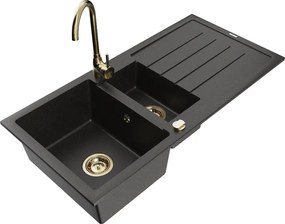 Mexen Andres lavello da cucina in granito 1,5 vasche con gocciolatoio e rubinetto Telma, nero/oro - 6515-75-670200-50