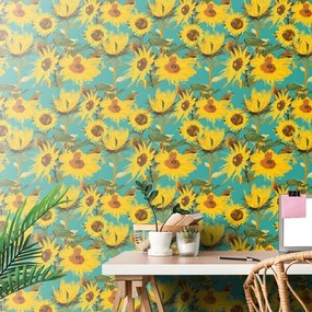 Carta da parati – Girasoli su sfondo blu