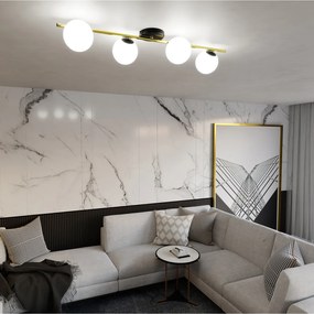 Plafoniera Contemporanea 4 Luci Eracle In Acciaio Oro/Nero E Sfere Vetro Bianco