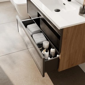 Mobile bagno con lavabo STAR L100 x H60 x P46 cm oak in vetro 2 cassetti per vasca centrale, il cassetto é dotato di illuminazione LED