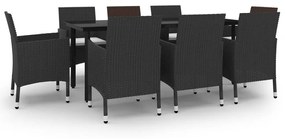 Set da pranzo da giardino e cuscini 9 pz in polyrattan e vetro