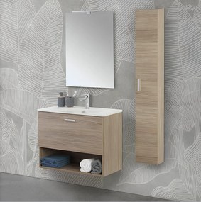 Mobile Bagno Sospeso 80 Cm Un Cassetto Vano a Giorno Specchio Con Illuminazione Led Feridras "Greta" Rovere Tropea