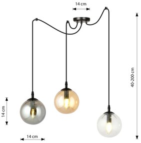 Lampadario 3 Luci Ginevra In Acciaio Nero Con Cavo Lungo E Vetri Multicolor