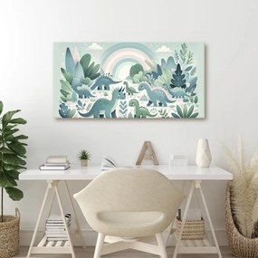 Quadro su tela – Paesaggio di dinosauri sotto arcobaleno pastello