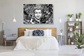 Quadro su tela – Buddha su sfondo esotico in bianco e nero