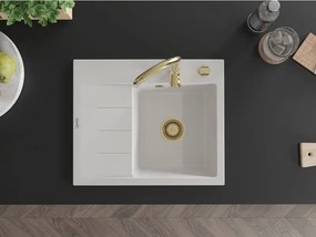 Mexen Ben lavello in granito a una vasca con scolapiatti, destro 600 x 500 mm, bianco, sifone dorato - 6523605000-20-G