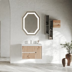 Mobile Bagno Sospeso 80 Cm Due Cassetti Un'Anta Specchio Con Illuminazione Led 75x100 Cm "Portofino"