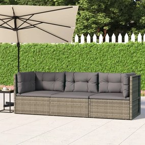 Set Divani da Giardino 3 pz con Cuscini in Polyrattan Grigio