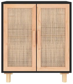 Credenza nera 60x30x70 cm legno massello pino e rattan naturale