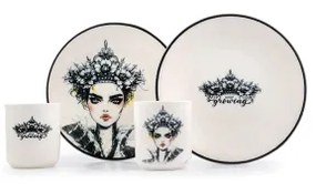 Set da tavola 4 pezzi, nero/bianco, in porcellana