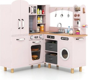 Costway Cucina giocattolo ad angolo per bambini set cucina in legno con frigorifero a doppia porta, Cucina giocattolo con contenitori in tessuto e 12 accessori 2 Colori
