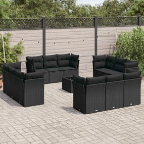 Set Divani da Giardino 13pz con Cuscini Nero in Polyrattan