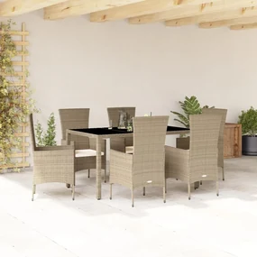 Set da pranzo da giardino 7 pz con cuscini beige in polyrattan