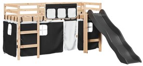 Letto a soppalco bambini con tende bianco e nero 90x190 cm pino