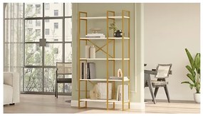 Libreria 88x30x175 Cm 5 Ripiani Oro E Bianco Doppio Modulo Decus