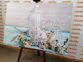 Quadro su tela – Ramo di ciliegio e lanterne bianche