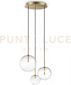 Equinoxe sospensione in vetro trasparente e ottone antico 3 luci at...