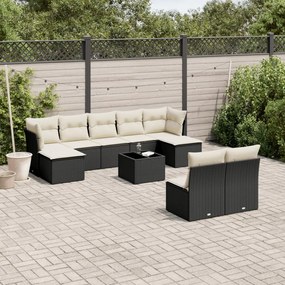 Set divani da giardino 10pz con cuscini in polyrattan nero