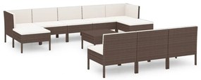 Set divani da giardino 11 pz con cuscini in polyrattan marrone