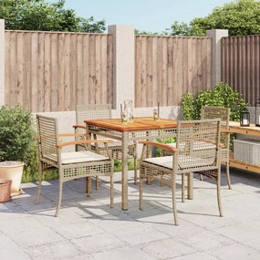 Set da pranzo da giardino 5 pz con cuscini beige in polyrattan