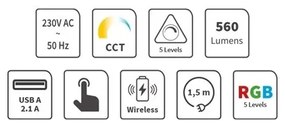 Lampada da tavolo LED RGB dimmerabile ricaricabile touch 7,5W 2700-5300K bianco