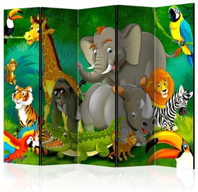 Paravento separè Safari colorato II - animali disegnati su sfondo di giungla africana