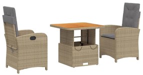 Set da pranzo da giardino 3 pz con cuscini beige in polyrattan