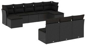 Set divani da giardino 10pz con cuscini in polyrattan nero