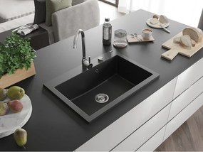 Mexen Elix lavello in granito 1 vasca 700 x 500 mm, nero, sifone cromato - 6526701005-77