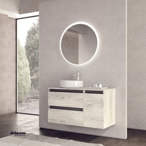 Mobile Bagno Sospeso "Cube" Da 91 cm C/Due Cassetti Ed Un Anta Laterale Completo Di Lavabo D'appoggio E Specchio Retroilluminato