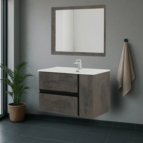 Mobile Bagno Sospeso 90 Cm Due Cassetti Un'Anta Specchio Su Pannello 90x70 Cm Feridras "Oxid" Ossido Grigio