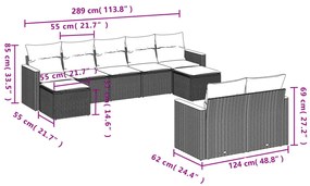 Set divani da giardino 9 pz con cuscini nero in polyrattan