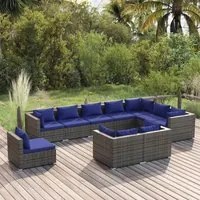 Set Divani da Giardino 10 pz con Cuscini in Polyrattan Grigio 3102662