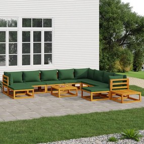 Set salotto da giardino 12pz con cuscini verdi legno massello