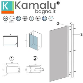 Kamalu - doccia walk in 90 cm profilo nero con staffa diagonale | ks2800nt