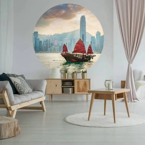 WallArt Carta da Parati Circolare Skyline with Junk Boat 190 cm