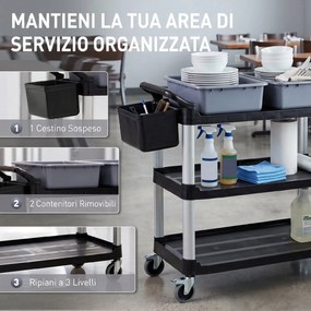 Carrello Pulizie Professionale 115x50x100 cm a 3 Ripiani con 2 Contenitori Rimovibili Bidone Laterale e 4 Ruote in PP Nero...