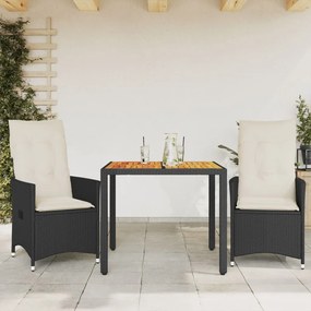 Set da bistrò 3 pz con cuscini nero polyrattan e legno acacia