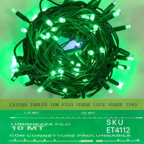 Catena Luminosa di Luci Led IP65 10 Metri Con 100 Led Filo Verde Luce Verde Con Connettore Allungabile