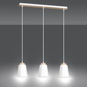 Lampadario 3 Luci Lancillotto Con Paralumi A Cono In Acciaio Bianco E Legno Naturale