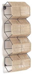 Kave Home - Portabottiglie da parete Francina in metallo nero e juta finitura naturale 17,5 x 56 cm