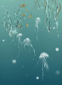Edmond Petit Carta da parati Nautilus/ Méduses/ Nénuphars - Turquoise - Méduses droit - Turquoise