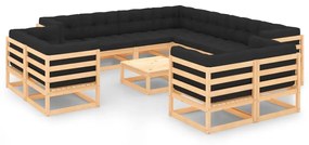 Set Salotto Giardino 12pz Cuscini Antracite Legno Massello Pino