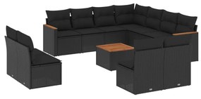 Set divani da giardino 12 pz con cuscini nero in polyrattan