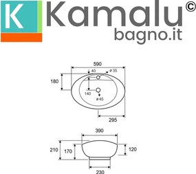 Lavabo da appoggio ovale design a bacinella in ceramica bianca | Litos-359 - KAMALU