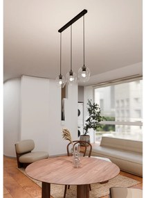 Lampadario 3 Luci Fuxi In Acciaio Nero E Vetri Trasparente