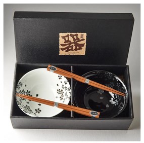 Set di 2 ciotole e bacchette in ceramica bianca e nera Sakura - MIJ